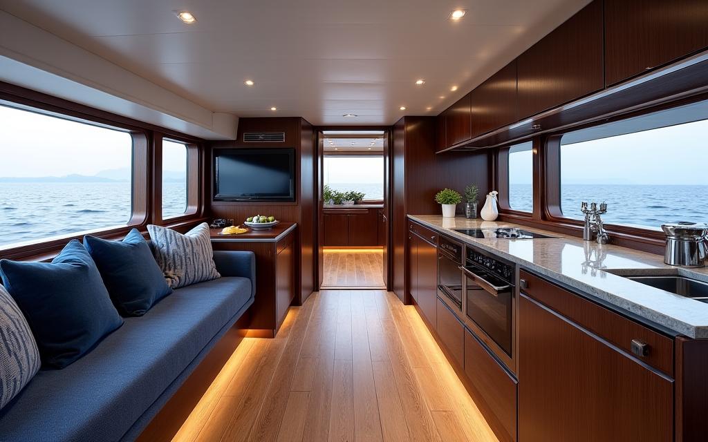Interno elegante di uno yacht, 'Orizzonte', con dettagli nautici di lusso.